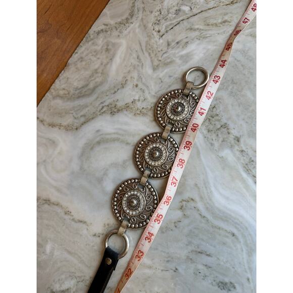 Chicos Western Leather Statement Belt Black Silver Medallion Detail M/L